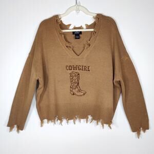 Just Polly Cowgirl Boot Distressed Sweater L Western Y2K Grunge